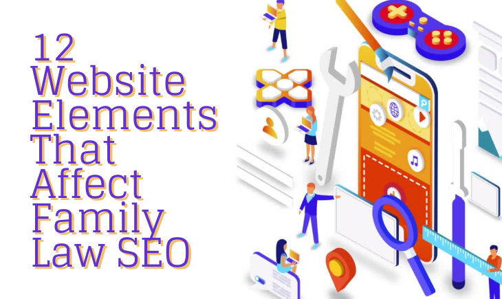 The title of the article, "12 Website Elements that Affect SEO" is displayed prominently beside a graphic of several people doing something relating to digital marketing like holding a laptop or looking at graphs.