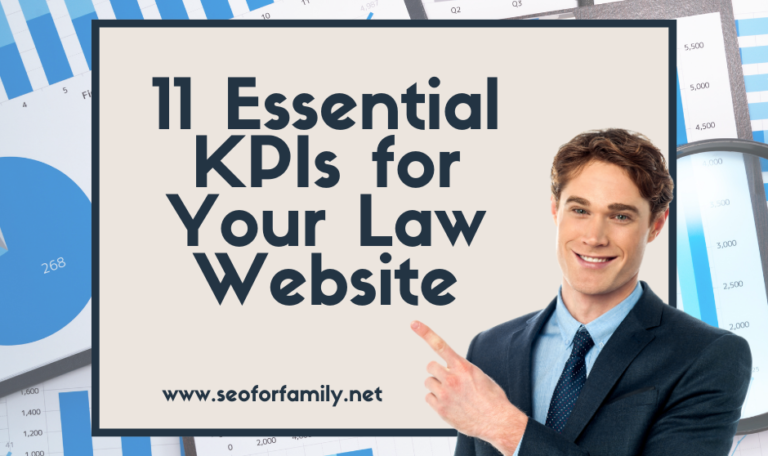 A picture of a businessman pointing at the title of the article, "11 Essential KPIs for Your Law Website" against a backdrop of blue statistics.