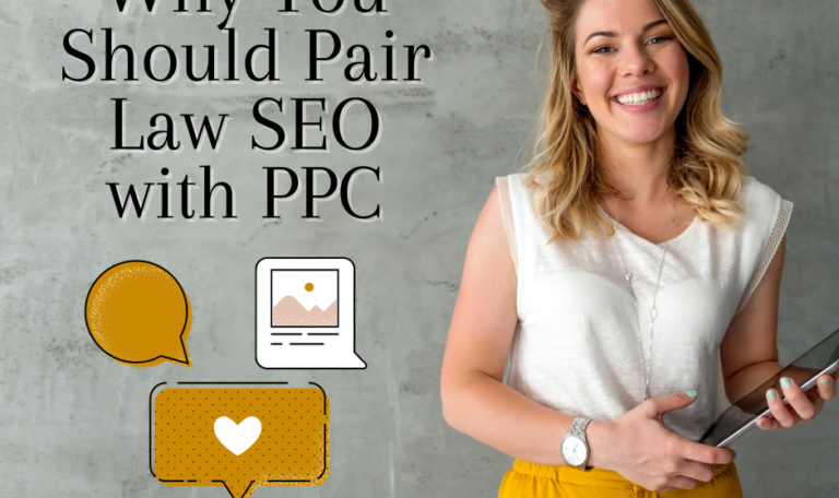 A woman in a white shirt and a yellow skirt stands beside the title of the article, "Why You Should Pair Law SEO with PPC." Below are five textboxes as decoration.