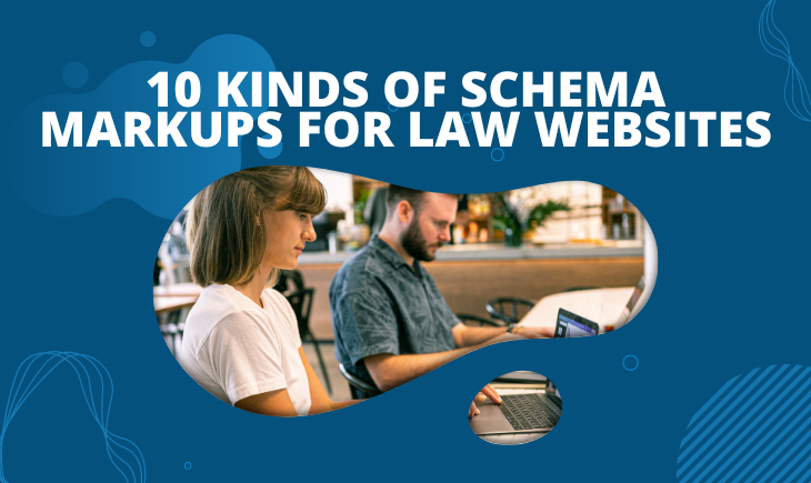 A man and a woman are typing on laptops. Above the image is the article title, "10 Kinds of Schema Markups for Family Law Websites."